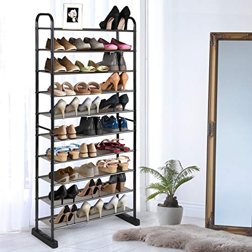 LDAILY Moccha Free Standing 10-Tier Shoe Rack, Space-saving Shoe Organizer with Metal Frame, Storage Organizer for Home Office, Free Standing Shoe Shelf, Black