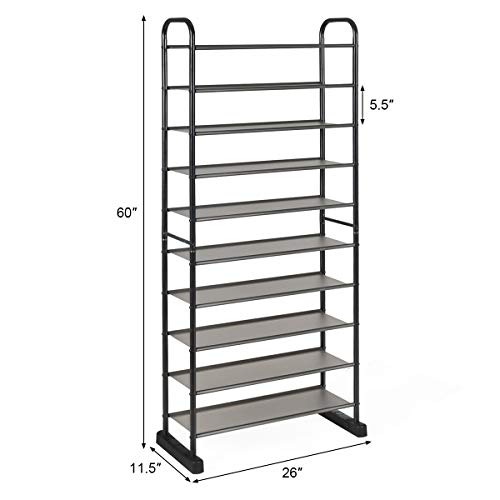 LDAILY Moccha Free Standing 10-Tier Shoe Rack, Space-saving Shoe Organizer with Metal Frame, Storage Organizer for Home Office, Free Standing Shoe Shelf, Black