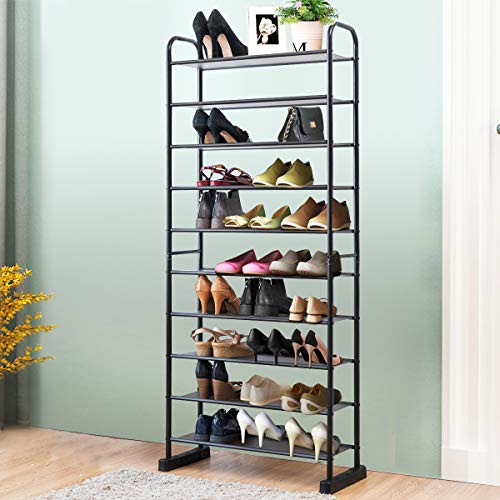 LDAILY Moccha Free Standing 10-Tier Shoe Rack, Space-saving Shoe Organizer with Metal Frame, Storage Organizer for Home Office, Free Standing Shoe Shelf, Black