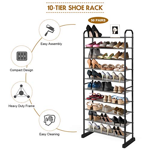 LDAILY Moccha Free Standing 10-Tier Shoe Rack, Space-saving Shoe Organizer with Metal Frame, Storage Organizer for Home Office, Free Standing Shoe Shelf, Black