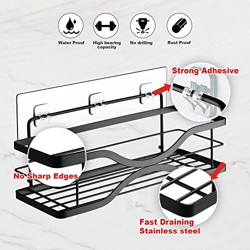 OPPWZB Shower Caddy 2 Pack,Adhesive Shower Organizer Shower Shelves No Drilling Rustproof Stainless Steel Shower Storage Rack for Inside Shower with 10 Hooks(Matte Black)