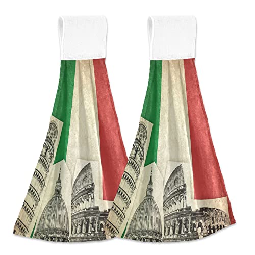 Hanging Kitchen Towels Grunge Italy Flag Coral Velvet Tea Hand Tie Towel for Bath Gym Home Decor Set of 2