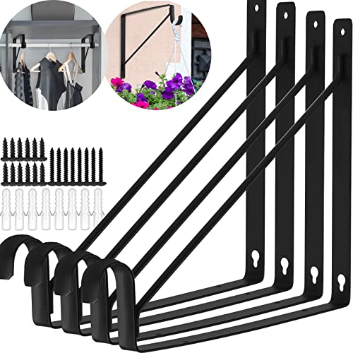 4Pack Closet Shelf Brackets, Heavy Duty Closet Rod & Shelf Brackets, 11 Inch Closet Brackets with Rod Holder, Hanger Pole Support Bracket for Clothes, Wall Mount Closet Rod Brackets with Screws-Black