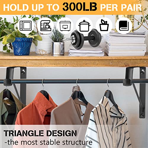 4Pack Closet Shelf Brackets, Heavy Duty Closet Rod & Shelf Brackets, 11 Inch Closet Brackets with Rod Holder, Hanger Pole Support Bracket for Clothes, Wall Mount Closet Rod Brackets with Screws-Black