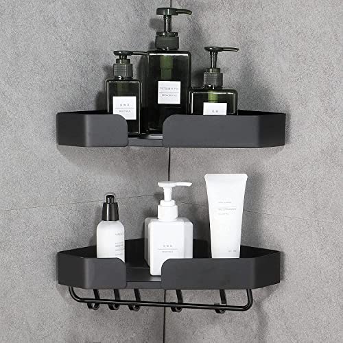 Anspo Shower Caddy Corner Shelf, Storage Rack Wall Mounted No Drilling or Drilling, Bathroom Accessories Shelf with 4 Hooks Corner Storage Shower Organizer for Kitchen/Toilet,2 Pack（Matt Black）…