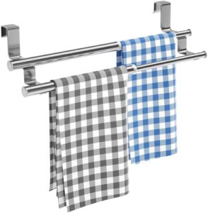 hapirm kitchen towel holder, expandable double over the cabinet towel holder, stainless steel towel hanger for universal fit on inside or outside of cupboard doors, silver(for 0.8in cabinet doors)