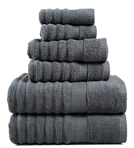 LANE LINEN Ribbed Space Grey Bath Towels for Bathroom Set- 100% Cotton Bath Towel Set, Bathroom Towels Set, Quick Dry, Luxury Towels, 2 Bath Towels, 2 Hand Towels, 2 Wash Cloths - 6 Piece Set