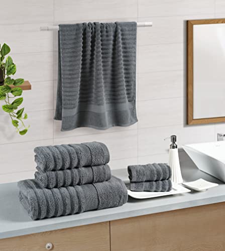 LANE LINEN Ribbed Space Grey Bath Towels for Bathroom Set- 100% Cotton Bath Towel Set, Bathroom Towels Set, Quick Dry, Luxury Towels, 2 Bath Towels, 2 Hand Towels, 2 Wash Cloths - 6 Piece Set