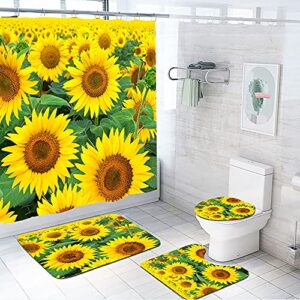 ashopi sunflower shower curtain sets 4 pcs vintage yellow floral bathroom decor set waterproof shower curtain non-slip rugs toilet rugs bath mats, with 12 hooks (7,47.2x70.8in)