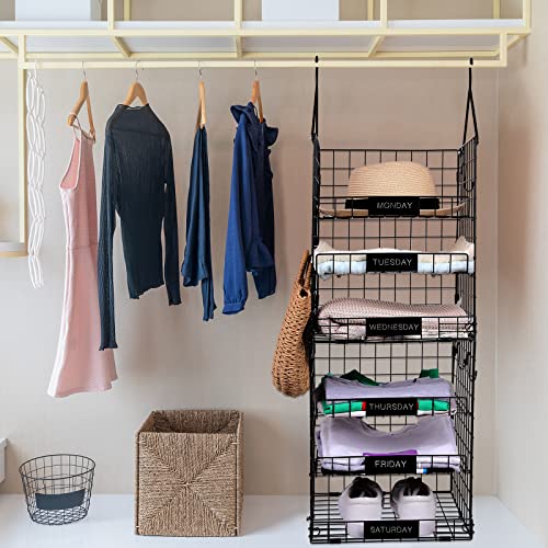 6 Tier Metal Hanging Closet Shelves Closet Hanging Organizer Wire Clothes Shelves with 9 S Hooks and 6 Name Plates Wall Mount Storage Basket Bins for Clothing Sweaters Shoes Handbags Clutches (Black)