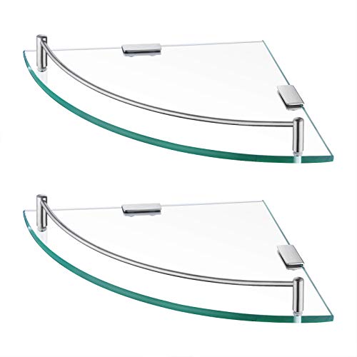 KES Glass Corner Shelf for Bathroom Corner Shelf 2 Pack Tempered Glass Shelf with Rail SUS 304 Stainless Steel Wall Mounted Brushed Finish, BGS2101A-2-P2