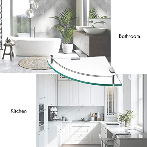 KES Glass Corner Shelf for Bathroom Corner Shelf 2 Pack Tempered Glass Shelf with Rail SUS 304 Stainless Steel Wall Mounted Brushed Finish, BGS2101A-2-P2