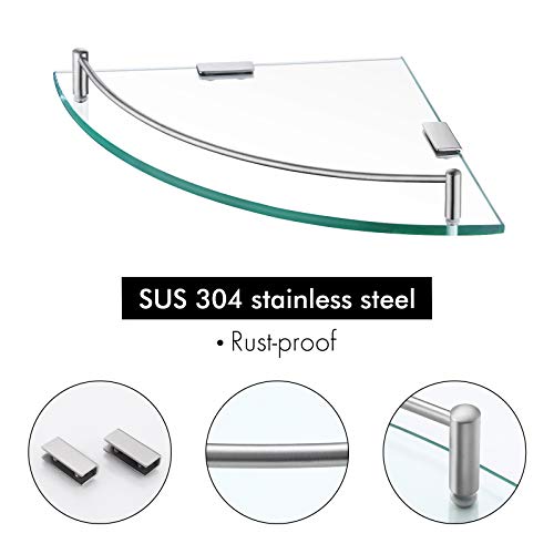 KES Glass Corner Shelf for Bathroom Corner Shelf 2 Pack Tempered Glass Shelf with Rail SUS 304 Stainless Steel Wall Mounted Brushed Finish, BGS2101A-2-P2