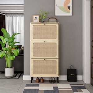 rattan shoe storage cabinet with 3 flip drawers for entryway, freestanding shoe rack modern slim entryway shoe organizer with half round woven rattan doors for hallway (rattan-3 drawers)