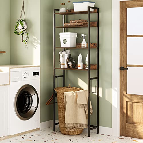 ALLOSWELL Bathroom Over Toilet Storage Cabinet, 4-Tier Over The Toilet Storage Rack, Multifunctional Toilet Organizer Rack with 2 Hooks, Spacer Saver, Stable, Rustic Brown TSHR0401