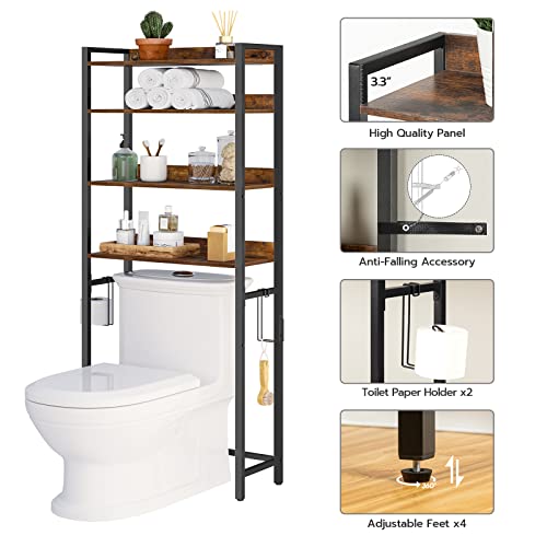 ALLOSWELL Bathroom Over Toilet Storage Cabinet, 4-Tier Over The Toilet Storage Rack, Multifunctional Toilet Organizer Rack with 2 Hooks, Spacer Saver, Stable, Rustic Brown TSHR0401