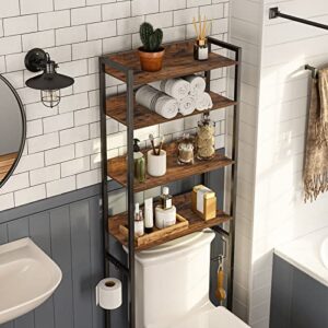 ALLOSWELL Bathroom Over Toilet Storage Cabinet, 4-Tier Over The Toilet Storage Rack, Multifunctional Toilet Organizer Rack with 2 Hooks, Spacer Saver, Stable, Rustic Brown TSHR0401