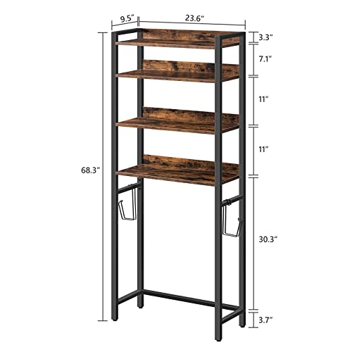 ALLOSWELL Bathroom Over Toilet Storage Cabinet, 4-Tier Over The Toilet Storage Rack, Multifunctional Toilet Organizer Rack with 2 Hooks, Spacer Saver, Stable, Rustic Brown TSHR0401