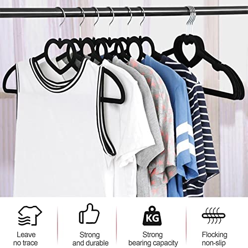 Velvet Hangers Pack of 20, Non Slip Standard ​Clothing Adult Heart-Shaped Clothes Hanger, Notches 360 Degree Swivel Hook Felt Hangers, for Heavy Coats, Jackets, Office Suits,Undergarments,Black