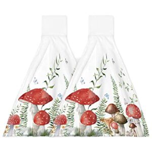 LBDOMOV Mushroom Kitchen Hand Towel,Soft Hanging Dish Towels with Loop,Bohomia Botanical Floral Wildflowers Green Leaves Butterflies Absorbent Drying Cleaning Cloth Dishclothes Decorative Sets,2-PC