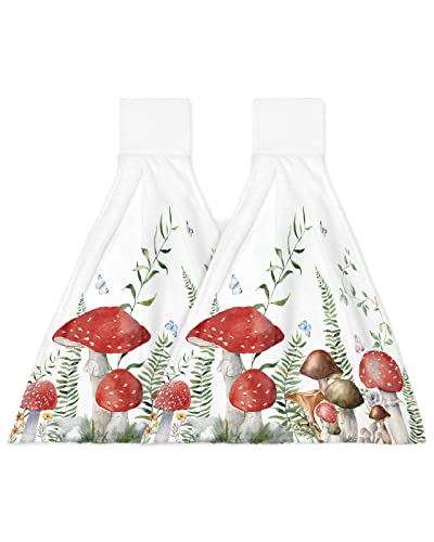 LBDOMOV Mushroom Kitchen Hand Towel,Soft Hanging Dish Towels with Loop,Bohomia Botanical Floral Wildflowers Green Leaves Butterflies Absorbent Drying Cleaning Cloth Dishclothes Decorative Sets,2-PC