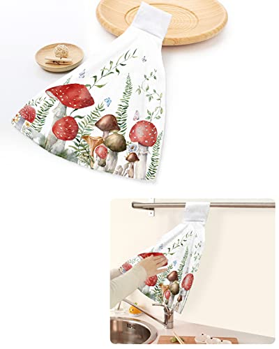 LBDOMOV Mushroom Kitchen Hand Towel,Soft Hanging Dish Towels with Loop,Bohomia Botanical Floral Wildflowers Green Leaves Butterflies Absorbent Drying Cleaning Cloth Dishclothes Decorative Sets,2-PC