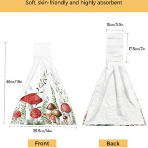 LBDOMOV Mushroom Kitchen Hand Towel,Soft Hanging Dish Towels with Loop,Bohomia Botanical Floral Wildflowers Green Leaves Butterflies Absorbent Drying Cleaning Cloth Dishclothes Decorative Sets,2-PC