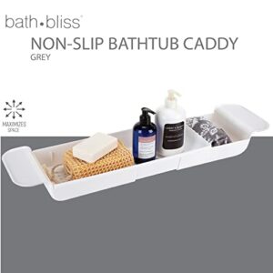 Bath Bliss Expandable Bathtub Caddy | Non-Slip | Over The Tub | 21-27 inch | Tub Tray | Bathroom Storage and Organizer | Shelf | Hold Soaps and Towels | White