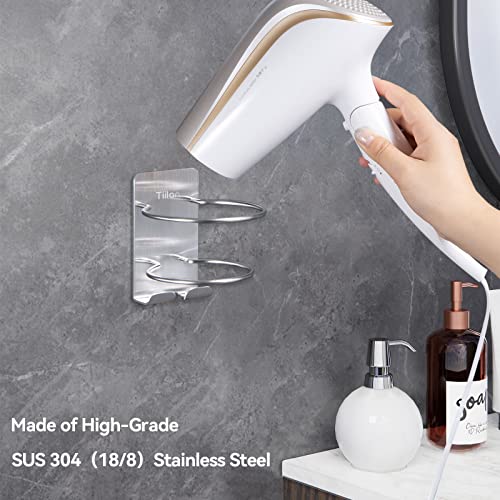 Tiilan Hair Dryer Holder Wall Mount Self Adhesive, SUS 304 Stainless Steel Bathroom Hair Blow Dryer Rack Organizer, Silver