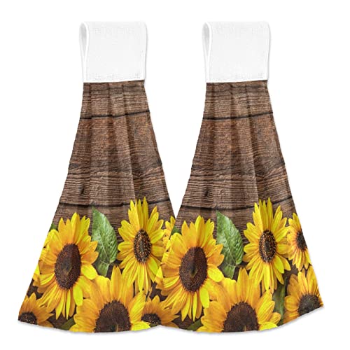 Sunflower Spring Kitchen Hand Towels 2 Pcs Rustic Wood Hanging Towel with Loop Ultra Soft Absorbent Tie Towel for Home Kitchen Bathroom Laundry Room 12x17 Inches