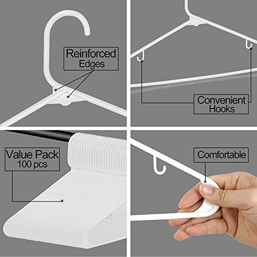 HomGarden Standard White Plastic Hangers, 100 Pack Plastic Tubular Clothes Hangers Adult Clothing Hangers