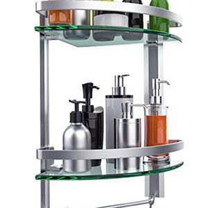 Vdomus 2 Tier Glass Corner Shelf, Bathroom Organizer Shower Caddy, Shower Shelve with Towel bar Wall Mounted, Glass Bathroom Shower Shelf Brushed Silver Finished