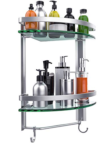 Vdomus 2 Tier Glass Corner Shelf, Bathroom Organizer Shower Caddy, Shower Shelve with Towel bar Wall Mounted, Glass Bathroom Shower Shelf Brushed Silver Finished