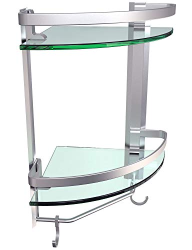 Vdomus 2 Tier Glass Corner Shelf, Bathroom Organizer Shower Caddy, Shower Shelve with Towel bar Wall Mounted, Glass Bathroom Shower Shelf Brushed Silver Finished