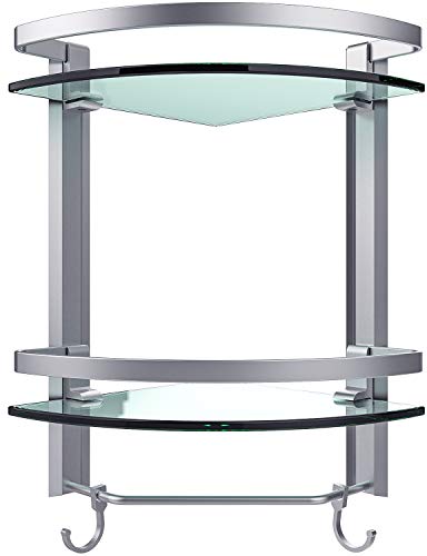 Vdomus 2 Tier Glass Corner Shelf, Bathroom Organizer Shower Caddy, Shower Shelve with Towel bar Wall Mounted, Glass Bathroom Shower Shelf Brushed Silver Finished