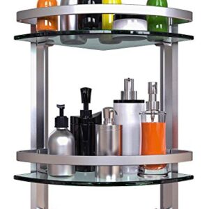 Vdomus 2 Tier Glass Corner Shelf, Bathroom Organizer Shower Caddy, Shower Shelve with Towel bar Wall Mounted, Glass Bathroom Shower Shelf Brushed Silver Finished