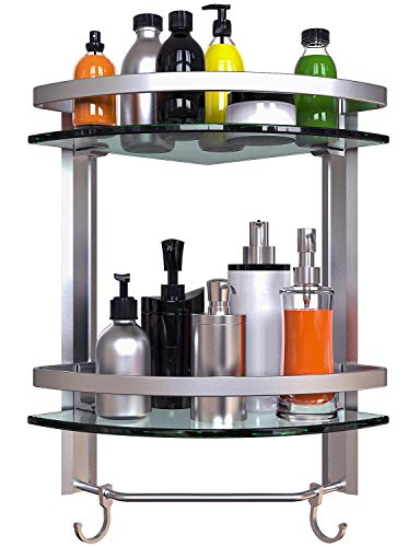 Vdomus 2 Tier Glass Corner Shelf, Bathroom Organizer Shower Caddy, Shower Shelve with Towel bar Wall Mounted, Glass Bathroom Shower Shelf Brushed Silver Finished