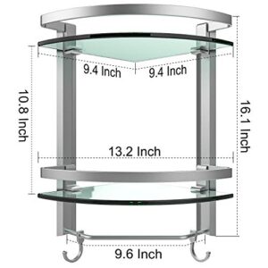 Vdomus 2 Tier Glass Corner Shelf, Bathroom Organizer Shower Caddy, Shower Shelve with Towel bar Wall Mounted, Glass Bathroom Shower Shelf Brushed Silver Finished