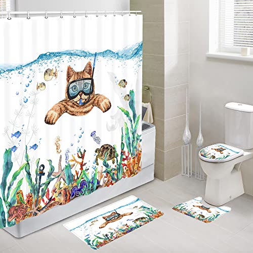 Uokiuki Funny Cat Shower Curtain Set with Hooks, Bathroom Sets with Shower Curtain and Non-Slip Rugs, Toilet Lid Cover and Bath Mat, Cat Diving Bathroom Shower Curtain Sets