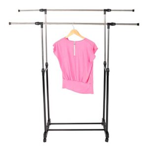 ymlpre standard clothing garment rack double rail rolling clothes rack with 4 wheels and bottom shelves hanging clothes organizer stand rack, height adjustable, dual black-silver