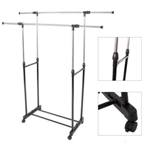 Ymlpre Standard Clothing Garment Rack Double Rail Rolling Clothes Rack with 4 Wheels and Bottom Shelves Hanging Clothes Organizer Stand Rack, Height Adjustable, Dual Black-Silver