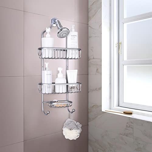 Lycklig Rust-Proof Shower Caddy over Shower Head Aluminum Shower Caddy, Hanging Shower Caddy with Extra Basket for Soap and 2 Hooks for Bath Loofah, Gray