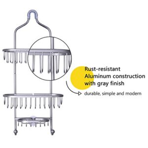 Lycklig Rust-Proof Shower Caddy over Shower Head Aluminum Shower Caddy, Hanging Shower Caddy with Extra Basket for Soap and 2 Hooks for Bath Loofah, Gray
