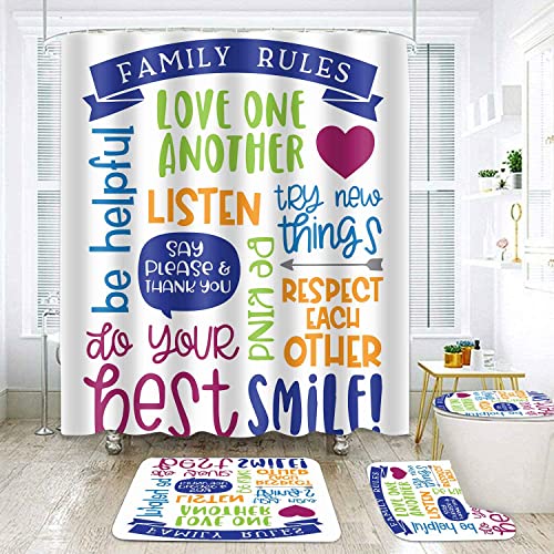 4 Pcs Family Rules Shower Curtain Set, Educate Inspirational Quotes Bathroom Sets with Shower Curtain and Rugs, Shower Curtain and Bath Mat, Toilet Lid Cover and U Shaped Rug, 12 Hooks, SETXTSD84