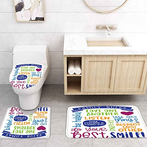 4 Pcs Family Rules Shower Curtain Set, Educate Inspirational Quotes Bathroom Sets with Shower Curtain and Rugs, Shower Curtain and Bath Mat, Toilet Lid Cover and U Shaped Rug, 12 Hooks, SETXTSD84