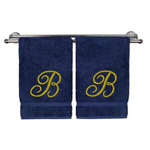 monogrammed hand towel, personalized gift, 16 x 30 inches - set of 2 - gold embroidered towel - extra absorbent 100% turkish cotton - soft terry finish - for bathroom, kitchen and spa - script b navy