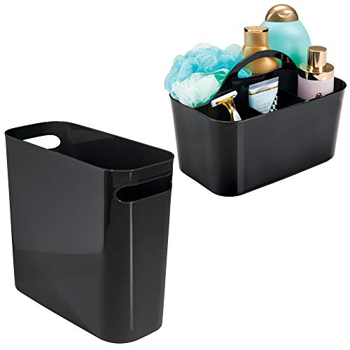 mDesign 2 Piece Combo - Plastic Trash Can & Bathroom Caddy - For Bathroom - Store and Organize Bathroom - Divided Basket Bin with Handle for Bathroom - Set of 2 - Black