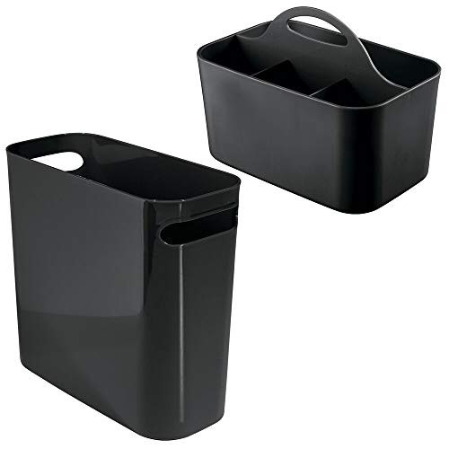 mDesign 2 Piece Combo - Plastic Trash Can & Bathroom Caddy - For Bathroom - Store and Organize Bathroom - Divided Basket Bin with Handle for Bathroom - Set of 2 - Black