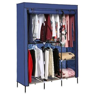 hicient portable clothes closet wardrobe storage organizer with breathable fabric, zippered double rod closet, easy to assemble strong durability bedroom clothes closet organizer (blue)