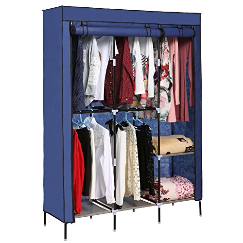 Hicient Portable Clothes Closet Wardrobe Storage Organizer with Breathable Fabric, Zippered Double Rod Closet, Easy to Assemble Strong Durability Bedroom Clothes Closet Organizer (Blue)